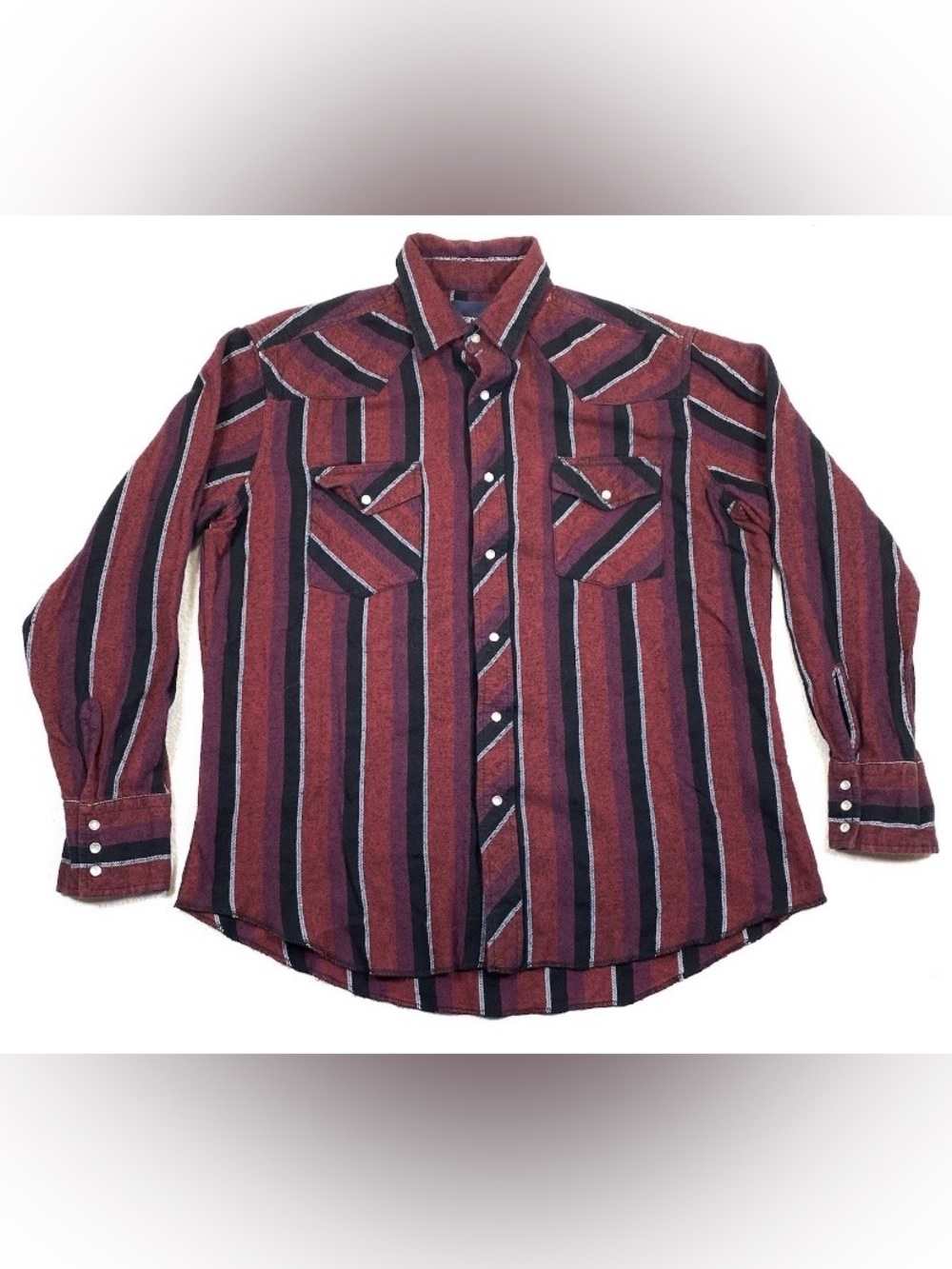 Vintage Wrangler Mens Large Red Black Striped Pearl Snap Western Shirt Cowboy